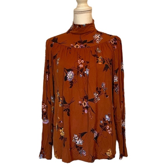 Ann Taylor Rust Floral Stretchy Turtleneck Puff Sleeve Women’s Small Blouse - Picture 1 of 13